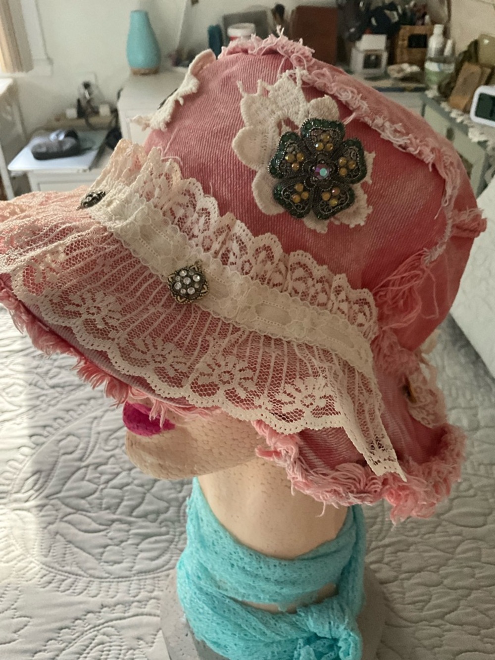 Upcycled Pink Denim Patchwork Bucket Hat with Lace and Vintage Embellishments OS